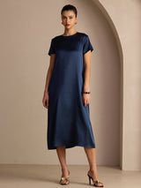 [Dunkelblau] SilkSilky-DE Short Sleeve Round Neck Kleider 001