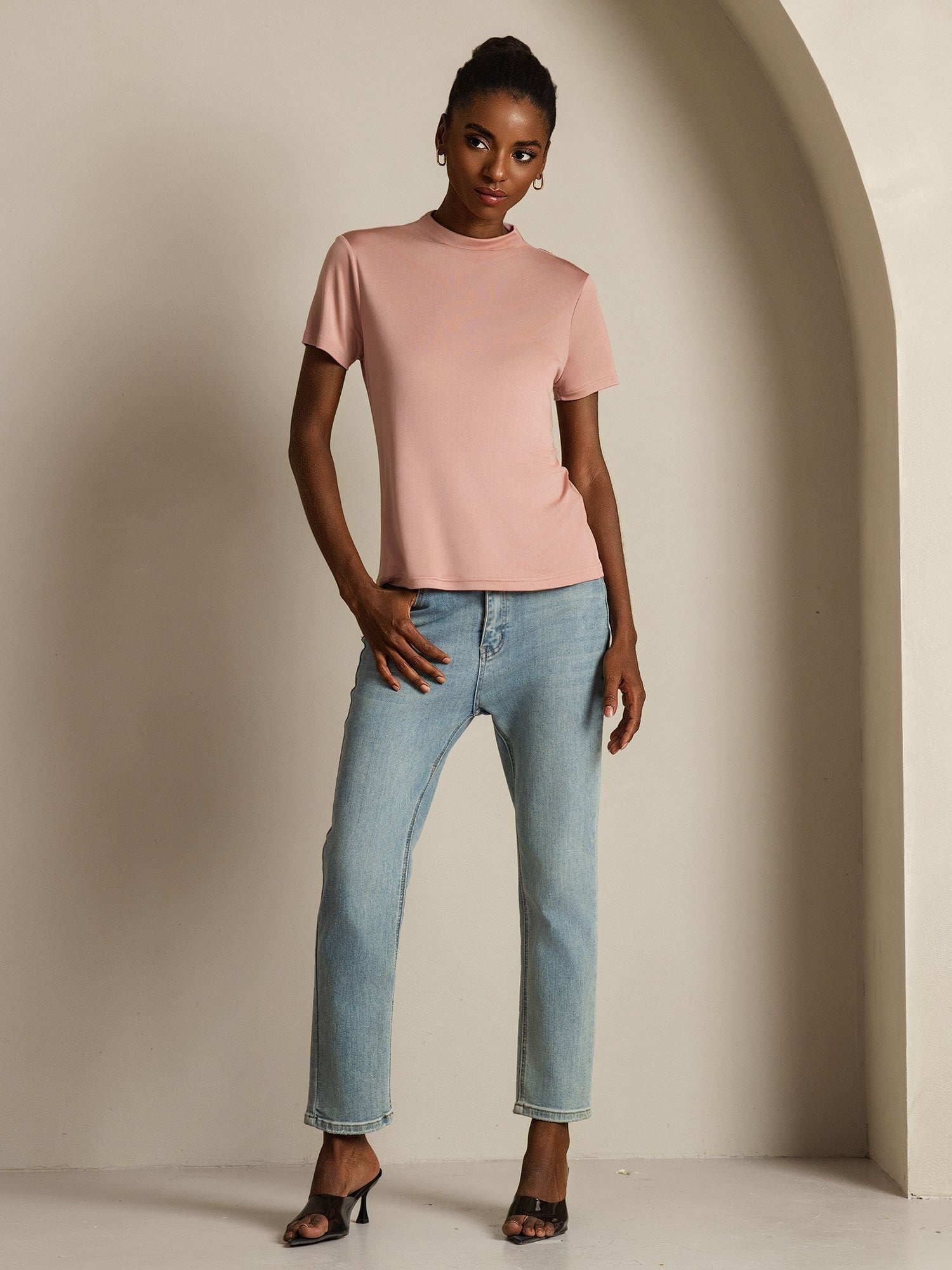 [Rosa] SilkSilky-DE Reine Seide Umlegekragen T-Shirt 007