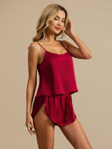 [Rotwein] SilkSilky-DE Spaghettiträger Tiefer Rundhalsausschnitt Camisole-Set 001