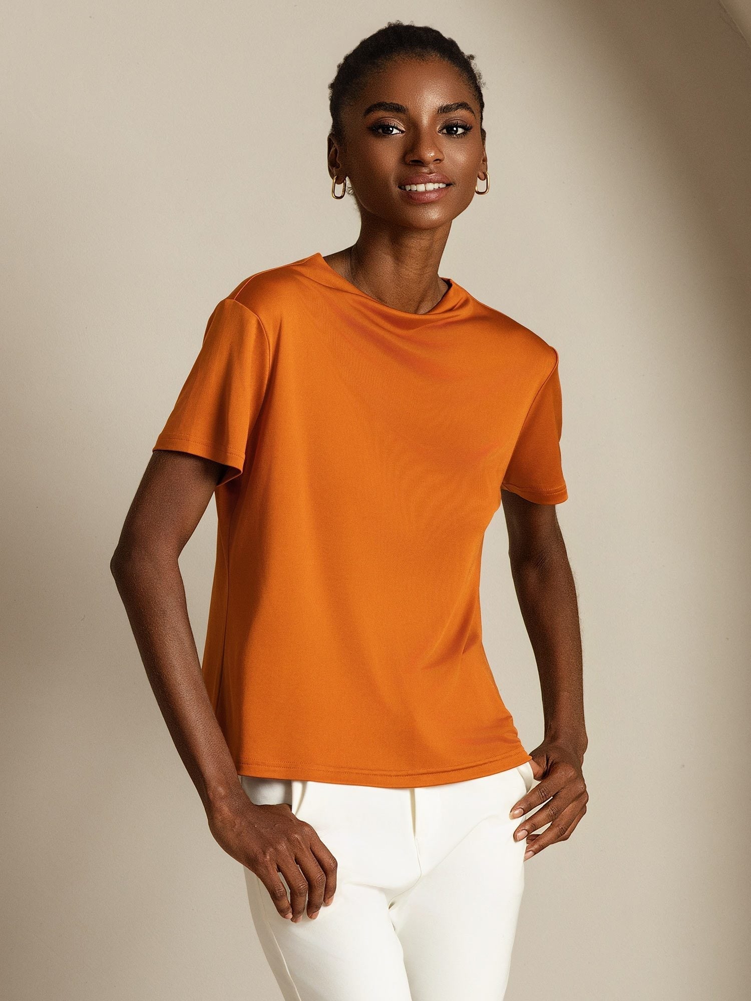 [Orange] SilkSilky-DE Reine Seide Umlegekragen T-Shirt 006