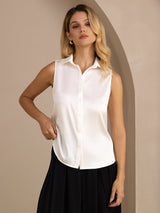 [Weiß] SilkSilky-DE Sleeveless Lapel Collar Damenhemd 003