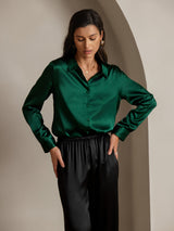[Dunkelgrün] SilkSilky-DE Long Sleeve Lapel Collar Damenhemd 003