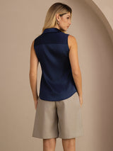 [Dunkelblau] SilkSilky-DE Sleeveless Lapel Collar Damenhemd 002