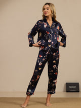 [Marine Blumen] SilkSilky-DE Long Sleeve Notch-Kragen Damen Pyjamas 003