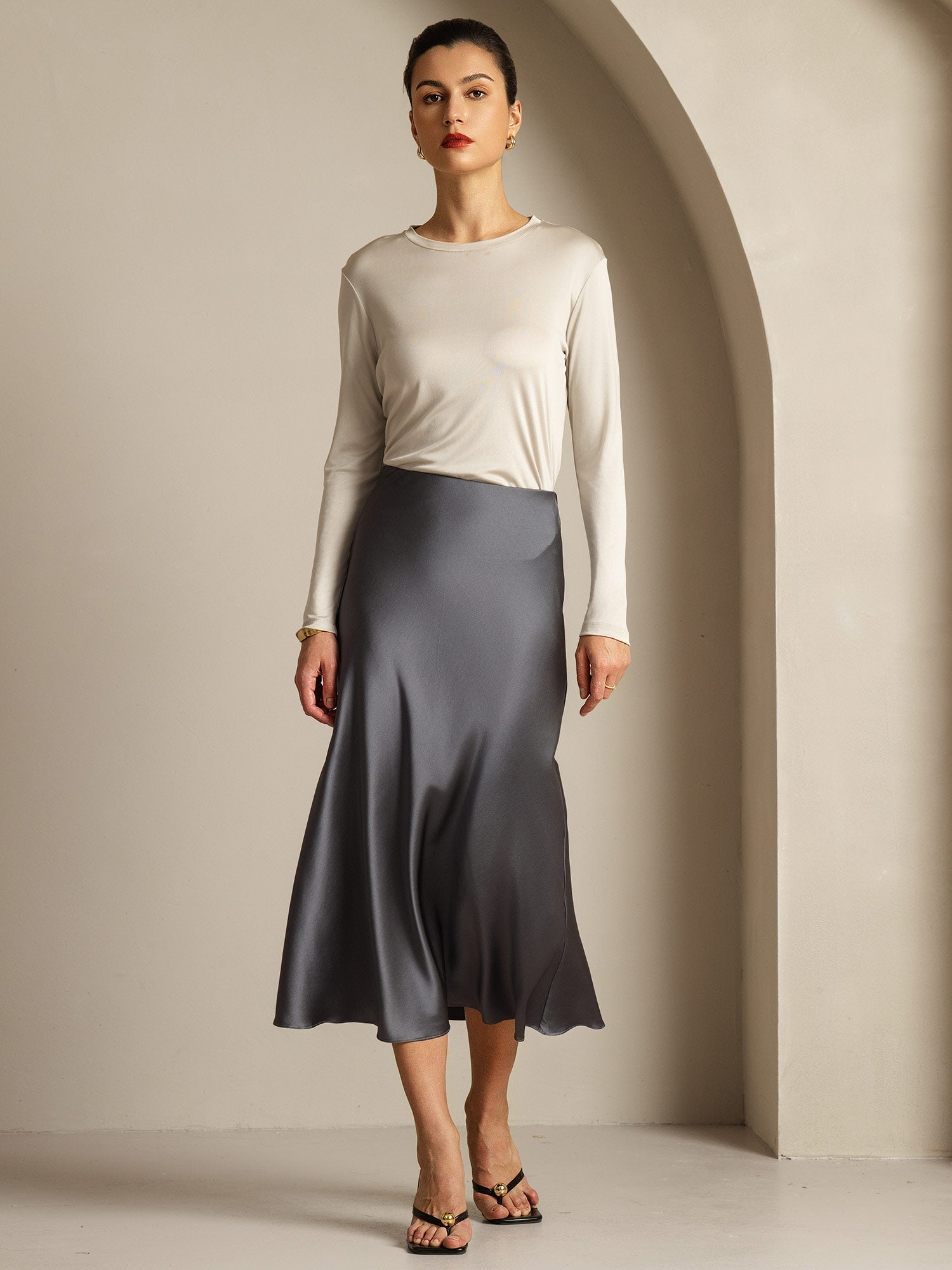 [Grau] SilkSilky-DE Reine Seide Womens T-Shirt 015,