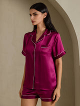 [Fuchsie] SilkSilky-DE Short Sleeve Notch-Kragen Damen Pyjamas 007