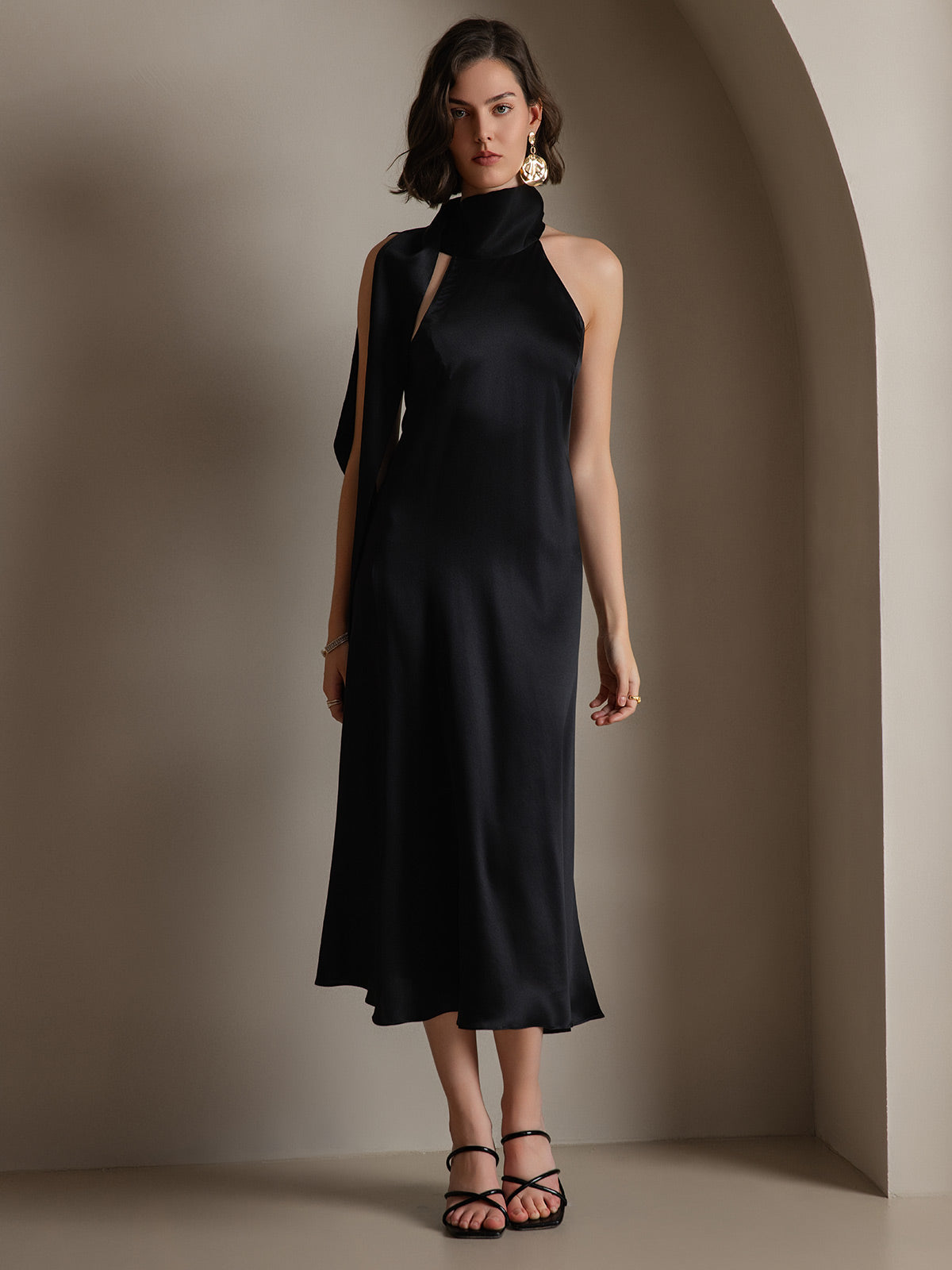 [Schwarz] SilkSilky-DE 19Momme Seide Ärmellos Dress 005