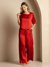 [Rotwein] SilkSilky-DE Half Sleeve Round Neck Damen Pyjamas 004