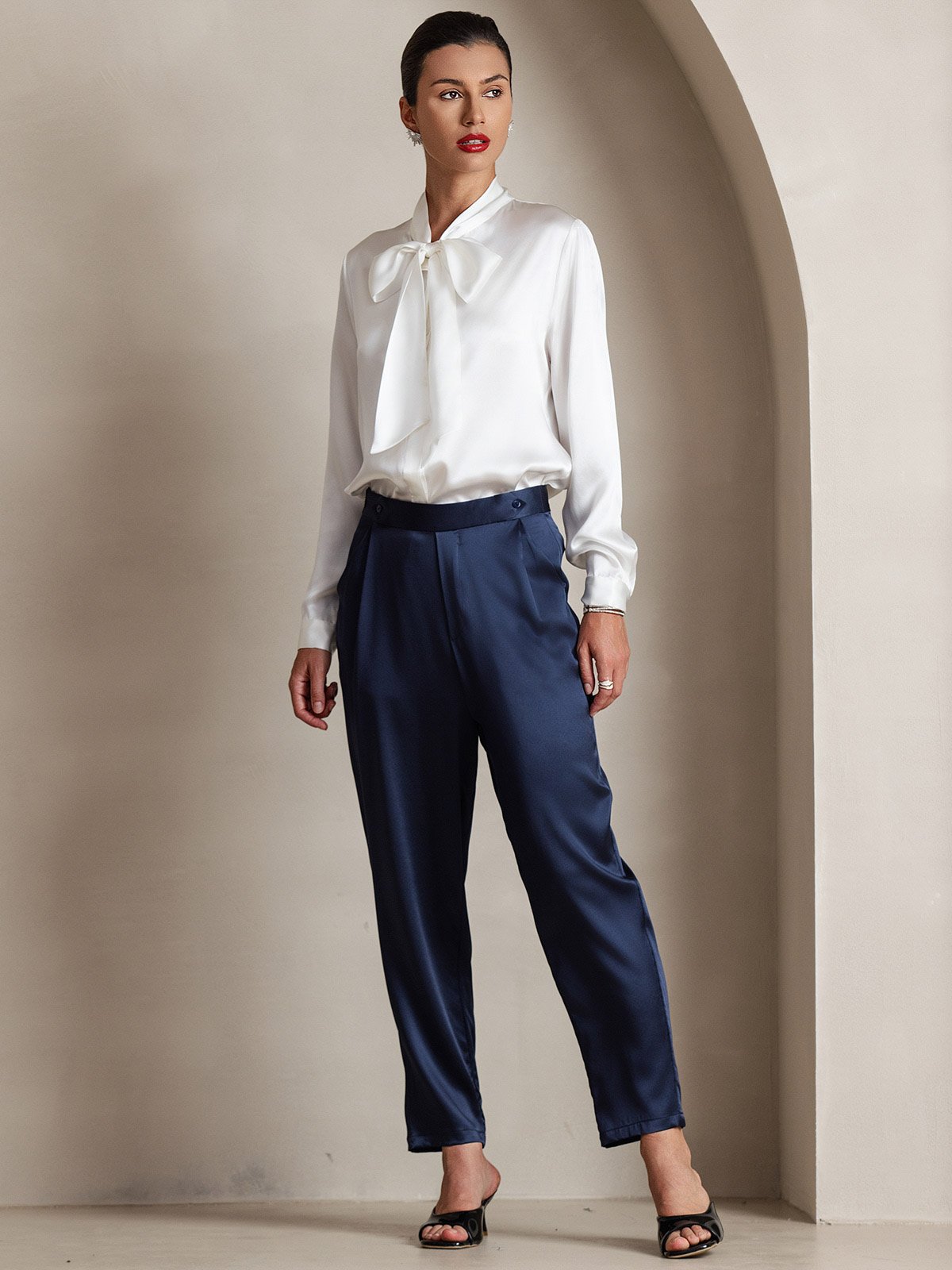 [Weiß] SilkSilky-DE 19Momme Seide Langärmelig Blouse 008