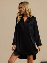 [Schwarz] SilkSilky-DE Long Sleeve Lapel Collar Schlafhemd 005