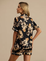[Schwarzer Drache] SilkSilky-DE Kurzärmelig Notch-Kragen Damen Pyjamas 002