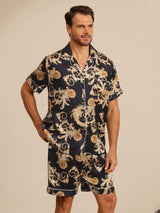 [Schwarzer Drache] SilkSilky-DE Short Sleeve Notch-Kragen Herren Pyjamas 001