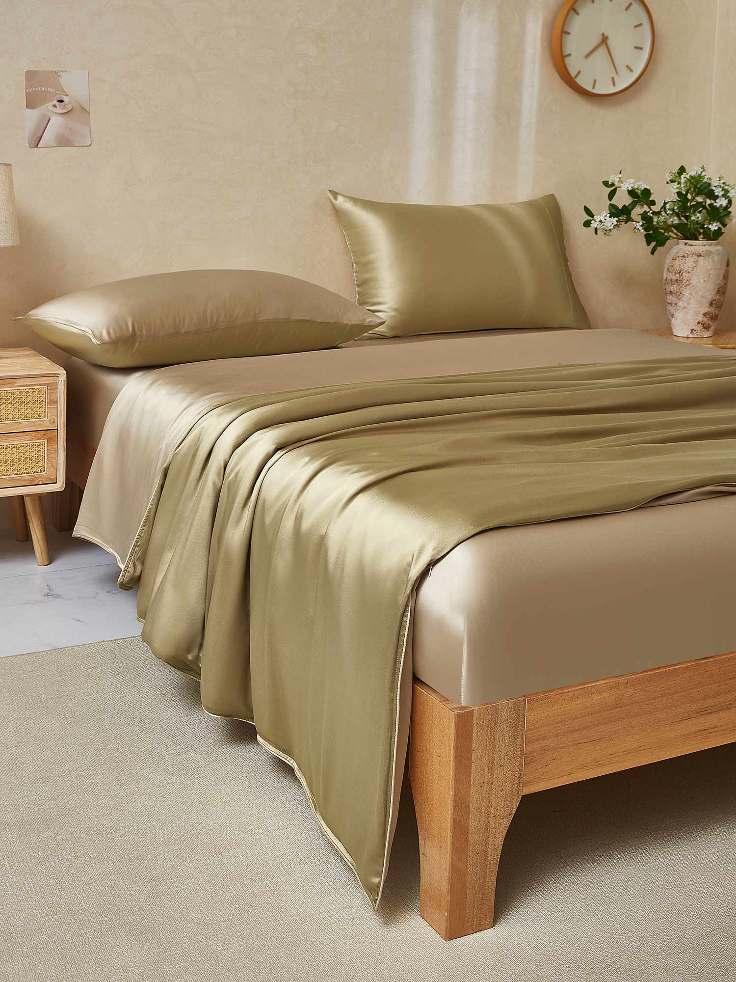 [Beige+Khaki] SilkSilky-DE 19Momme Reine Seide Bedding Set 003,