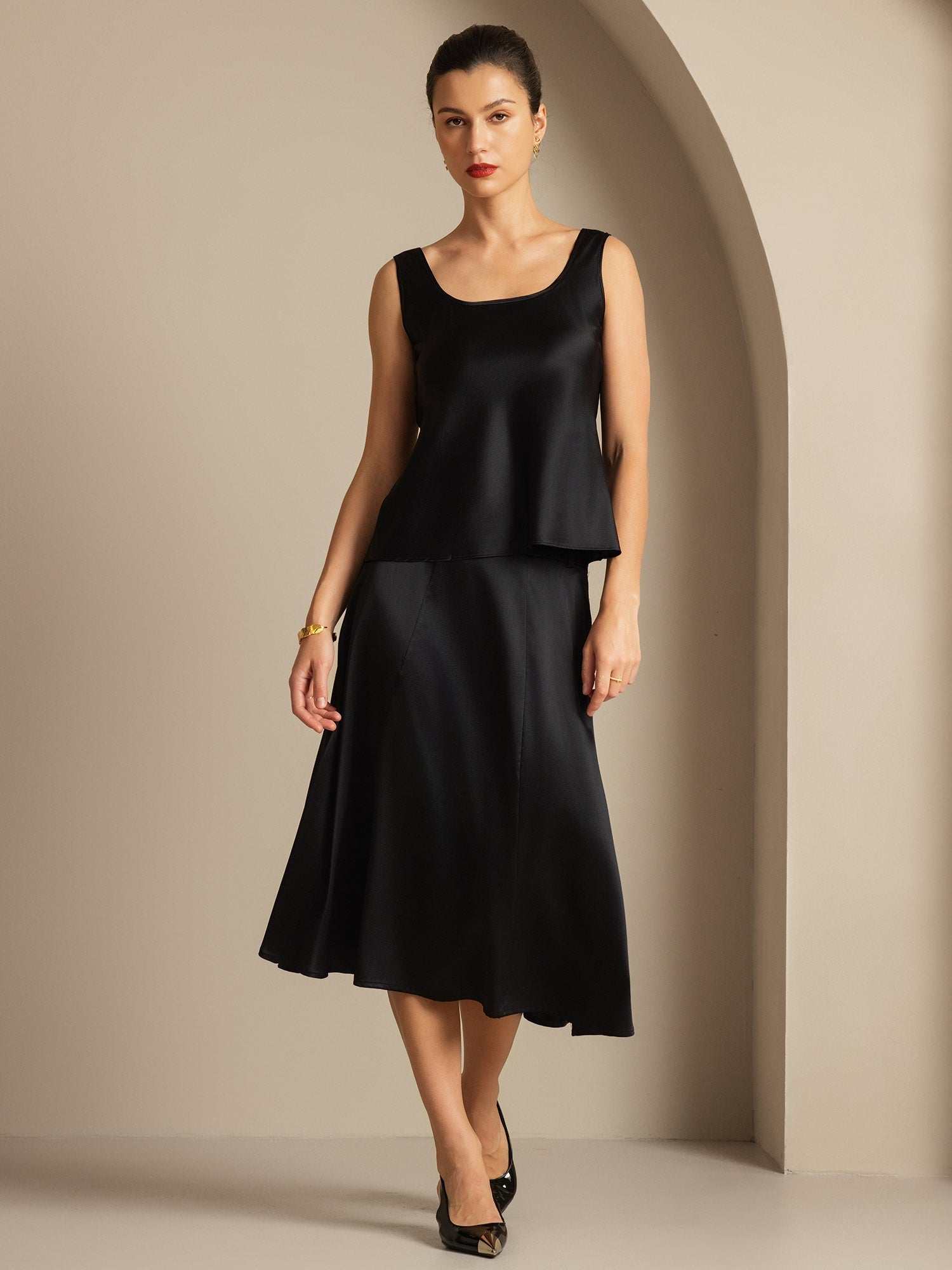 [Schwarz] SilkSilky-DE 19Momme Seide U Ausschnitt Cami Top 003,