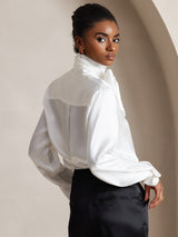 [Weiß] SilkSilky-DE Long Sleeve High Neck Bluse 004