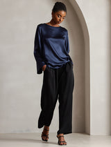 [Dunkelblau] SilkSilky-DE Long Sleeve Boat Neck Bluse 004