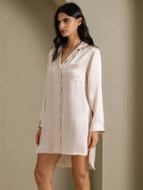 [Beige] SilkSilky-DE Long Sleeve Lapel Collar Schlafhemd 001