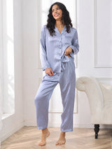 [Stahlblau] SilkSilky-DE Long Sleeve Notch-Kragen Damen Pyjamas 001