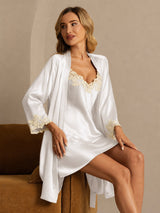 [Weiß] SilkSilky-DE 3/4 Sleeve V Neck Nachthemd&Morgenmantel Set 004