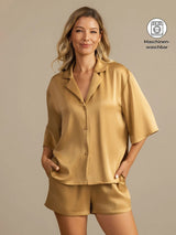 [Tan] SilkSilky-DE 19Momme Halblange Ärmel Notch-Kragen Damen Pyjamas 001