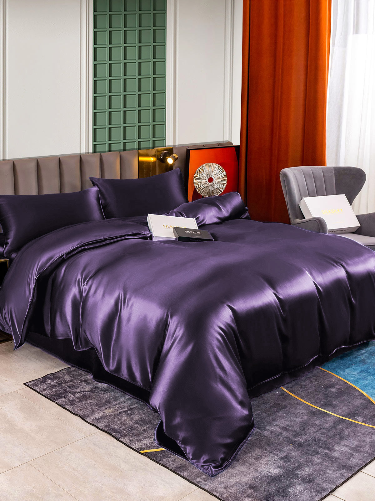 [Dunkelviolett] SilkSilky-DE 22Momme Reine Seide Bedding Set 003,