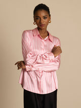 [Rosa Streifen] SilkSilky-DE Long Sleeve Lapel Collar Damenhemd 005