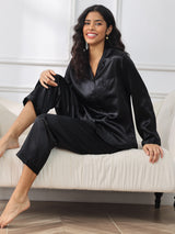 [Schwarz] SilkSilky-DE Long Sleeve Notch-Kragen Damen Pyjamas 001
