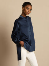 [Dunkelblau] SilkSilky-DE 19Momme Langärmelig Stehkragen Bluse 005