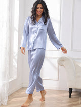 [Stahlblau] SilkSilky-DE Long Sleeve Notch-Kragen Damen Pyjamas 004