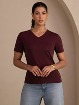 [Rotwein] SilkSilky-DE Short Sleeve V Neck T-Shirt 004