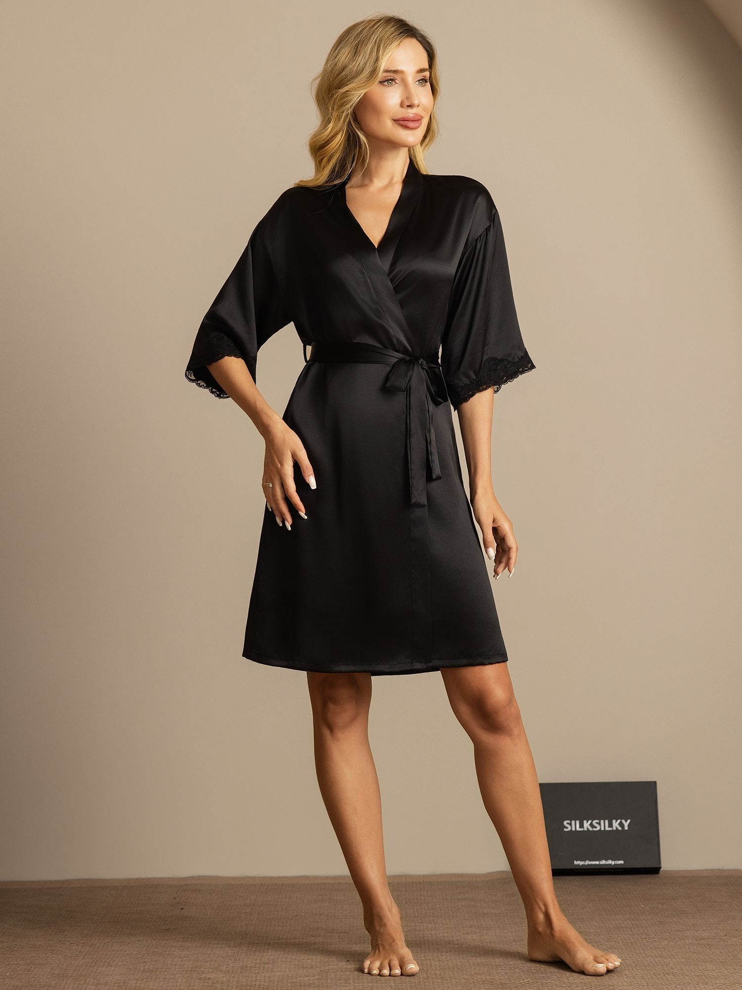 [Schwarz] SilkSilky-DE Reine Seide Womens Robe 006