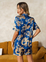 [Navy Drache] SilkSilky-DE Short Sleeve Notch-Kragen Damen Pyjamas 002