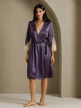 [Lilagrau] SilkSilky-DE 3/4 Sleeve Damen Morgenmantel 003