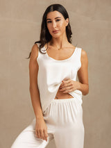 [Weiß] SilkSilky-DE 19Momme Ärmellos Tiefer Rundhalsausschnitt Damen Pyjamas 007
