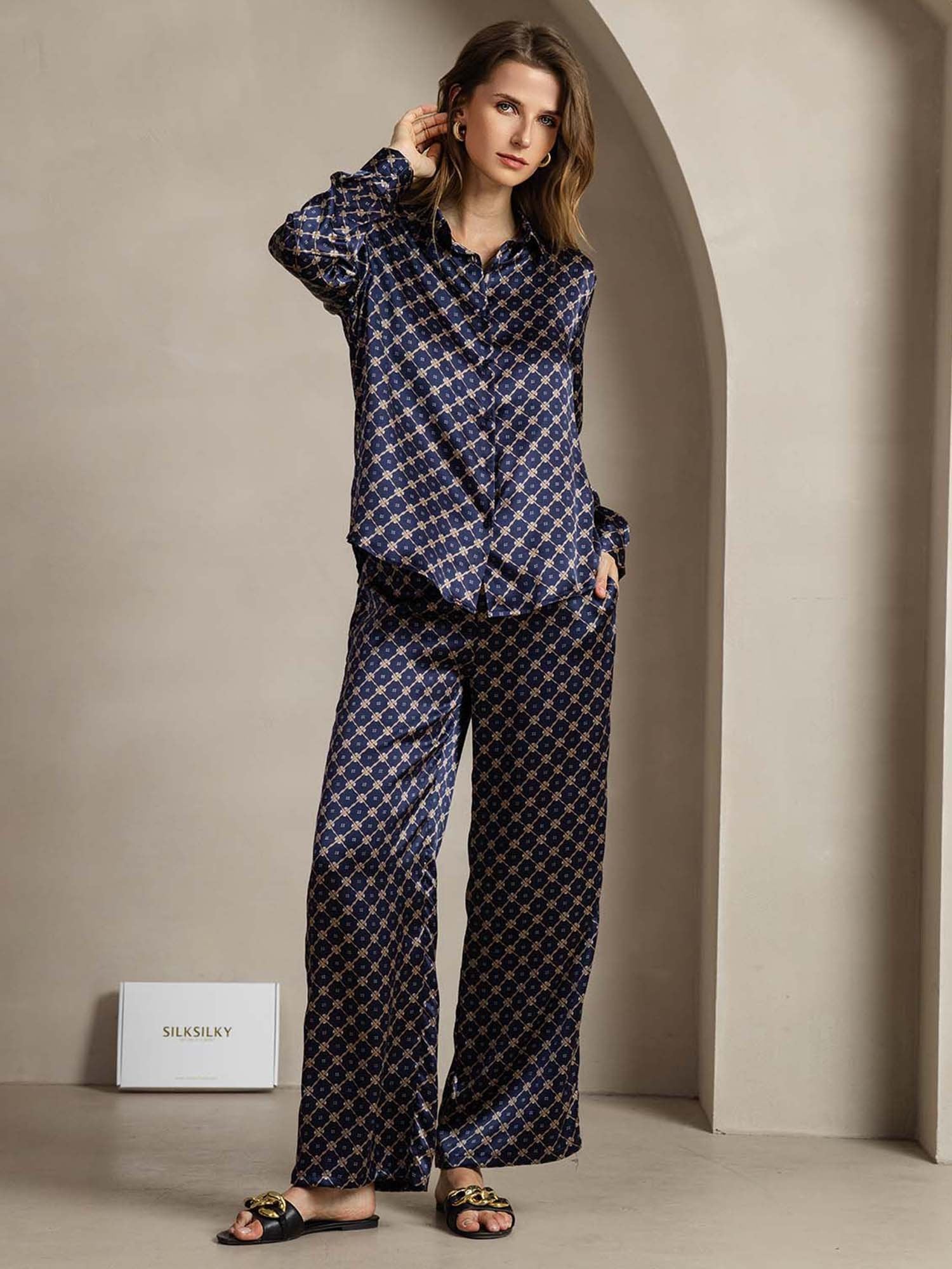 [MarineKette] SilkSilky-DE 19Momme Seide Umlegekragen Women''s Outfit Sets 003