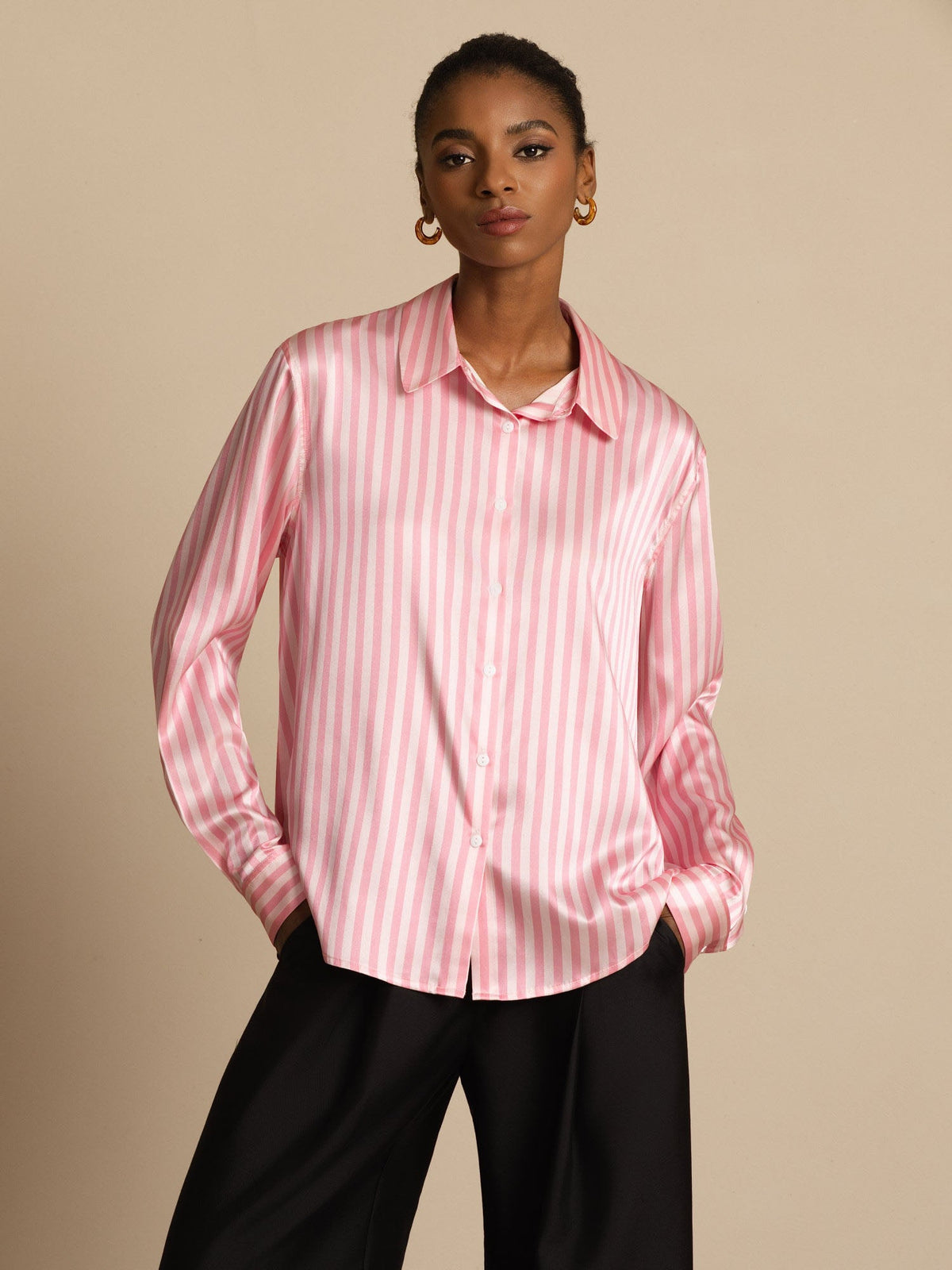 [Rosa Streifen] SilkSilky-DE Long Sleeve Lapel Collar Damenhemd 001