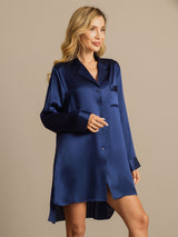 [Dunkelblau] SilkSilky-DE Long Sleeve Lapel Collar Schlafhemd 008