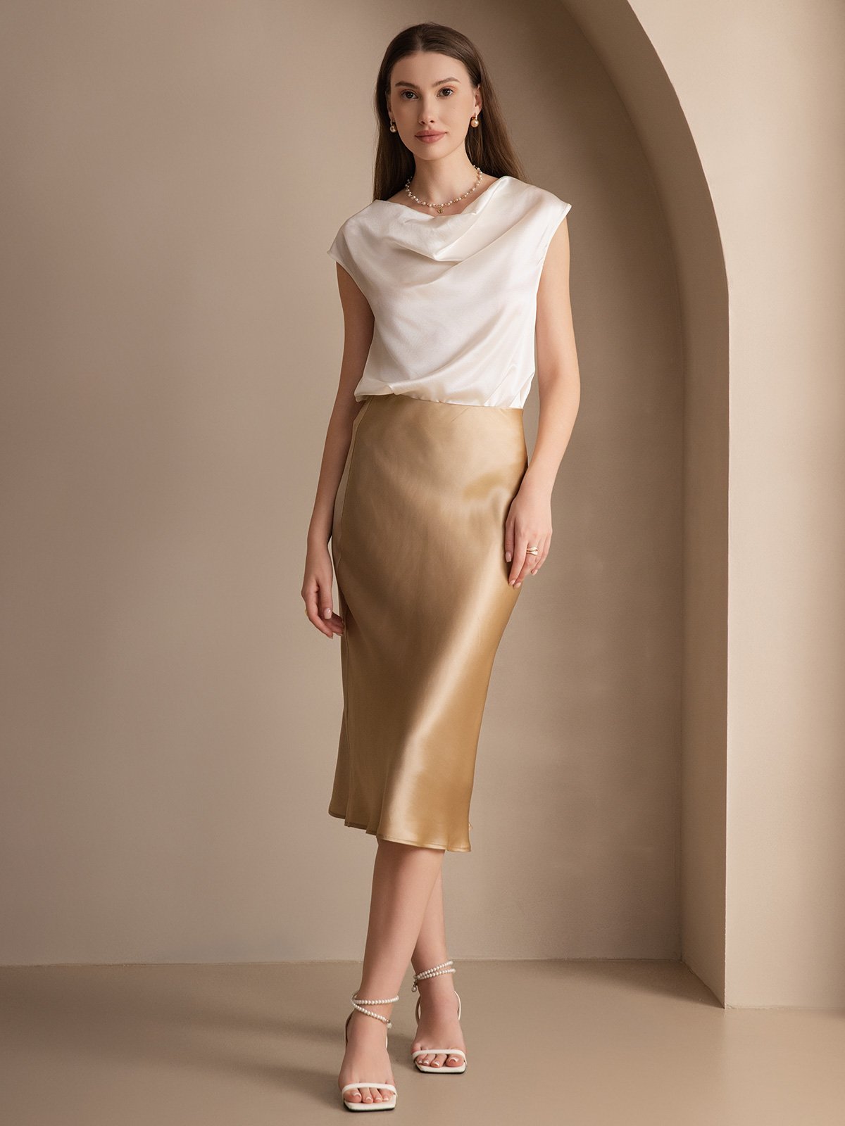 [Weiß] SilkSilky-DE 19Momme Seide Ärmellos Wasserfallausschnitt T-Shirt 006