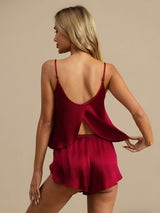 [Rotwein] SilkSilky-DE Spaghettiträger Tiefer Rundhalsausschnitt Camisole-Set 002