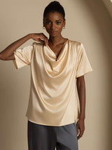 [Champagner] SilkSilky-DE Short Sleeve Cowl Neck Damenblusen 005