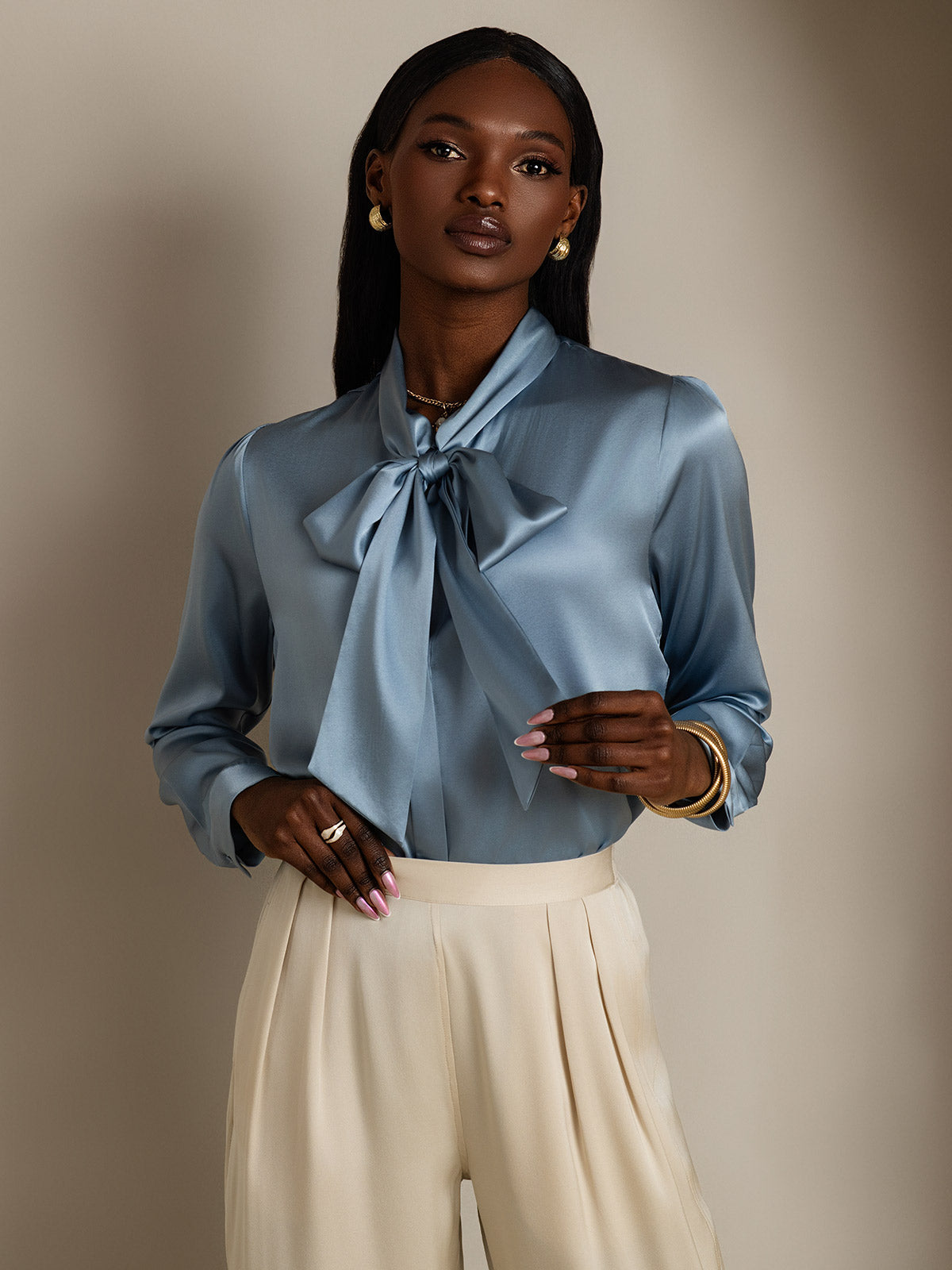 [Graublau] SilkSilky-DE 19Momme Seide Langärmelig Blouse 003