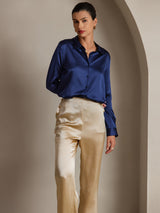 [Dunkelblau] SilkSilky-DE Long Sleeve Lapel Collar Damenhemd 001