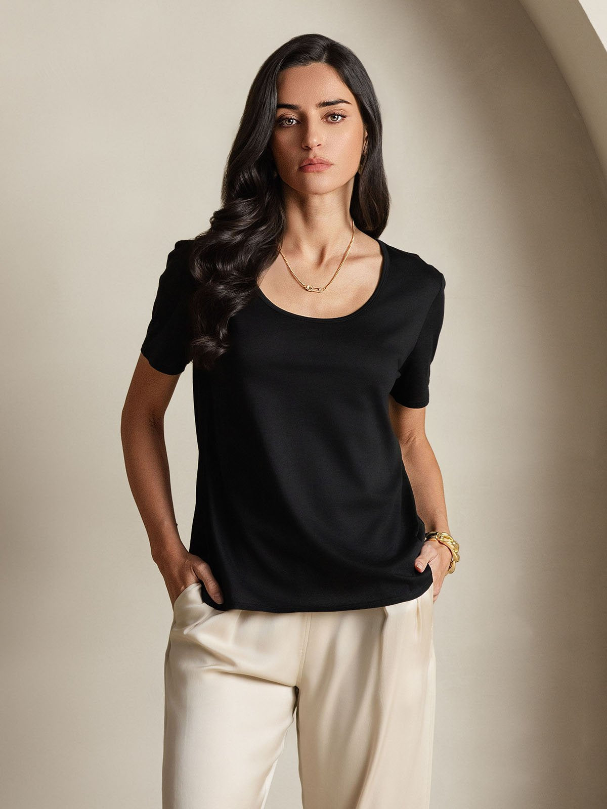 [Schwarz] SilkSilky-DE Seide Kurzärmelig U Ausschnitt T-Shirt 004