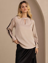 [Tan] SilkSilky-DE Long Sleeve Keyhole Neck Damenblusen 001