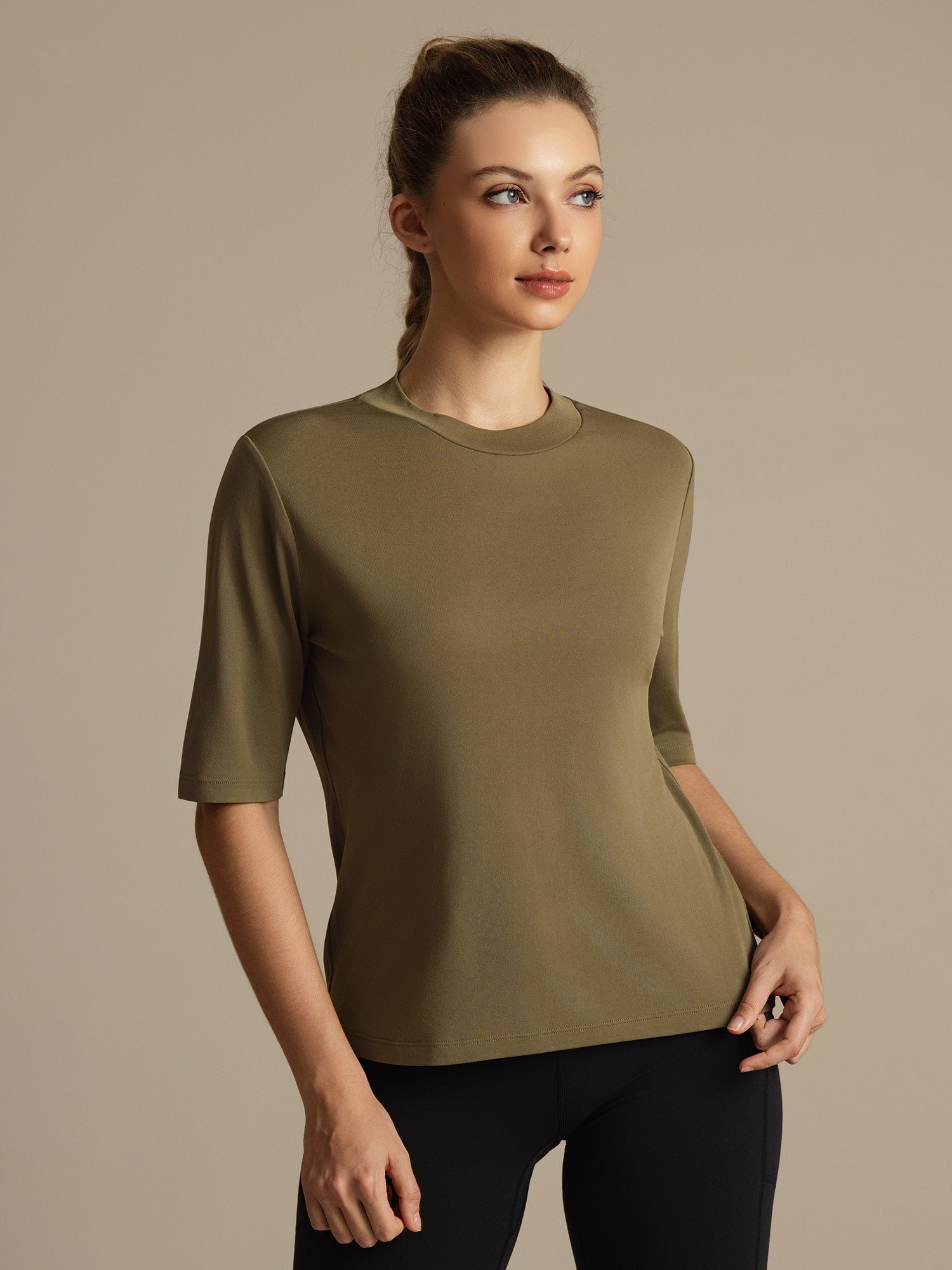 [Verbranntes Oliv] SilkSilky-DE Halblange Ärmel Crew-Ausschnitt T-Shirt 002