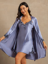 [Stahlblau] SilkSilky-DE 3/4 Sleeve V Neck Nachthemd&Morgenmantel Set 001