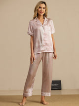 [Rosa Herz Geo] SilkSilky-DE Short Sleeve Notch-Kragen Damen Pyjamas 007