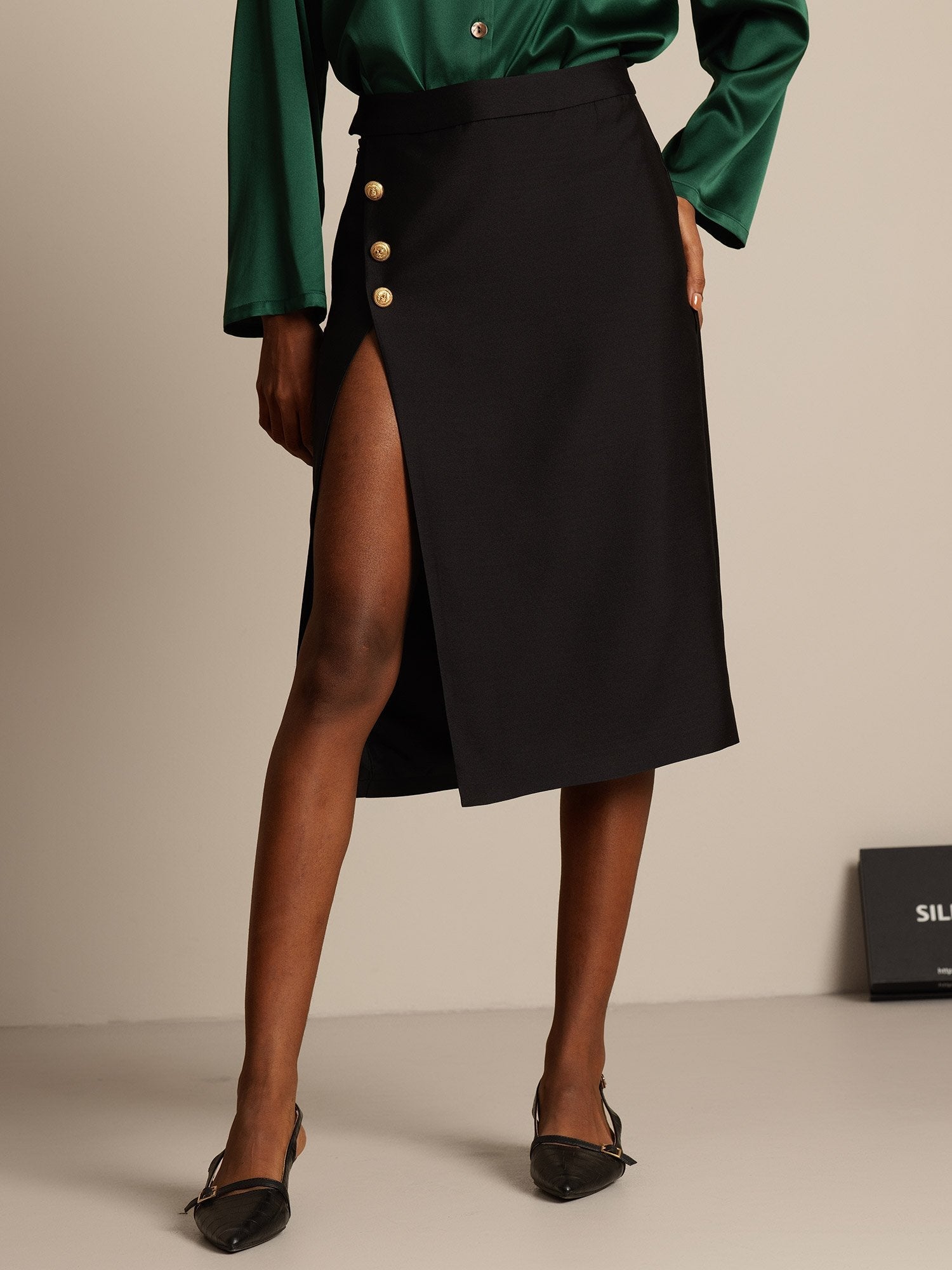 [Schwarz] SilkSilky-DE 32Momme Silk-Wool Blend Skirt 001,