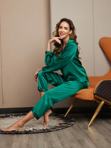 [Grün] SilkSilky-DE Long Sleeve Notch-Kragen Damen Pyjamas 005