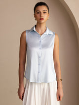 [Hellblau] SilkSilky-DE Sleeveless Lapel Collar Damenhemd 001